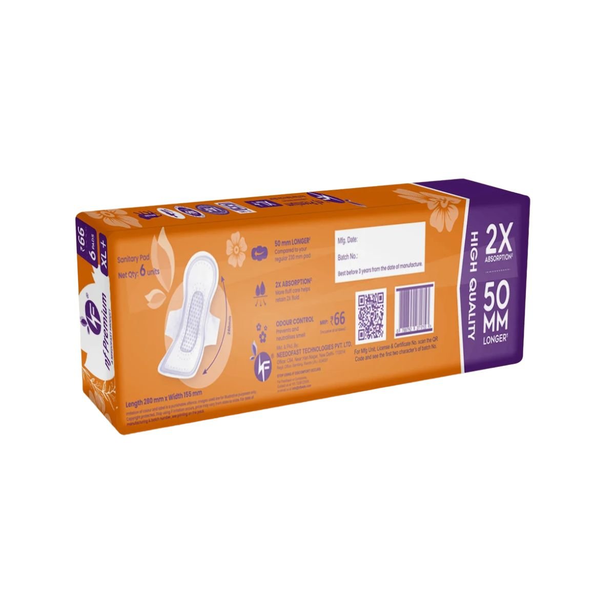 Sanitary Pads | 2X High Absorption Leak Protection | XL+ 50 mm Longer Pads | Cottony Soft Rash Free | Heavy Flow & Overnight Use (Pack of 6) - Image 2