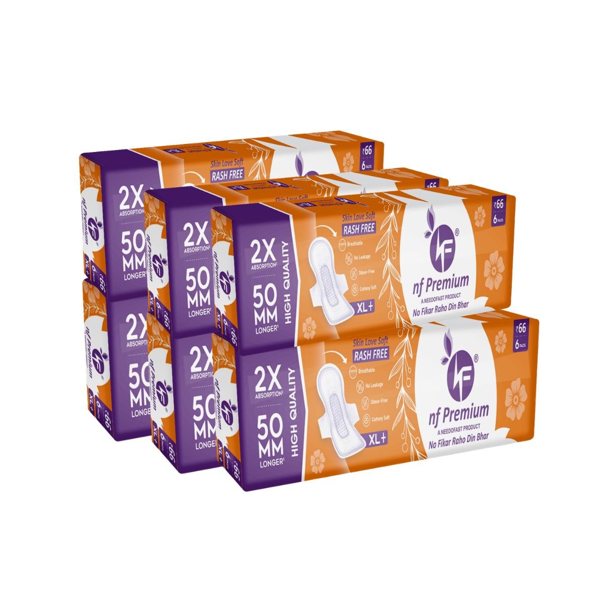 Sanitary Pads | 2X High Absorption Leak Protection | XL+ 50 mm Longer Pads | Cottony Soft Rash Free | Heavy Flow & Overnight Use (Pack of 6)